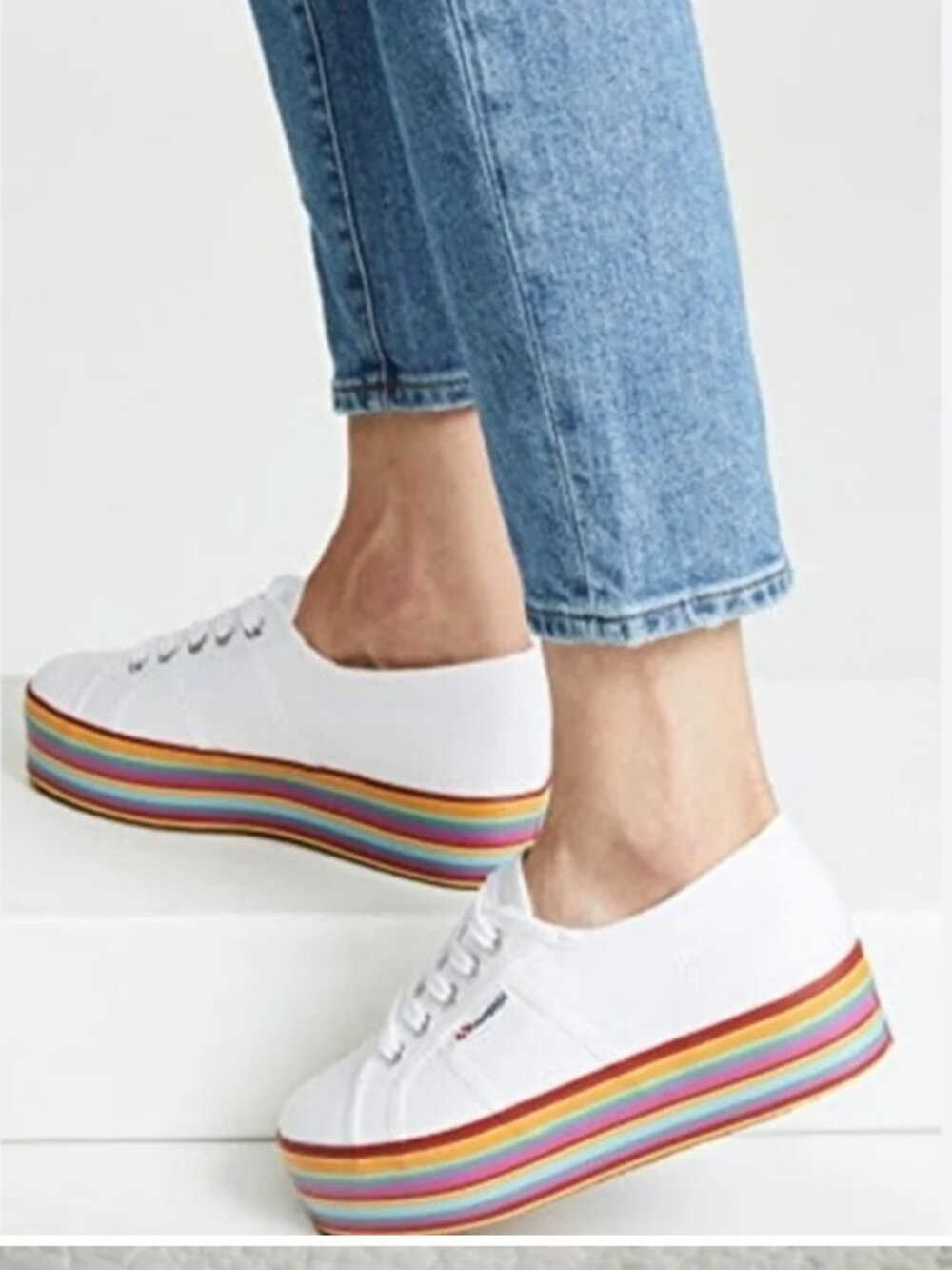 Superga White Platform Sneakers with Rainbow Stripe Sole